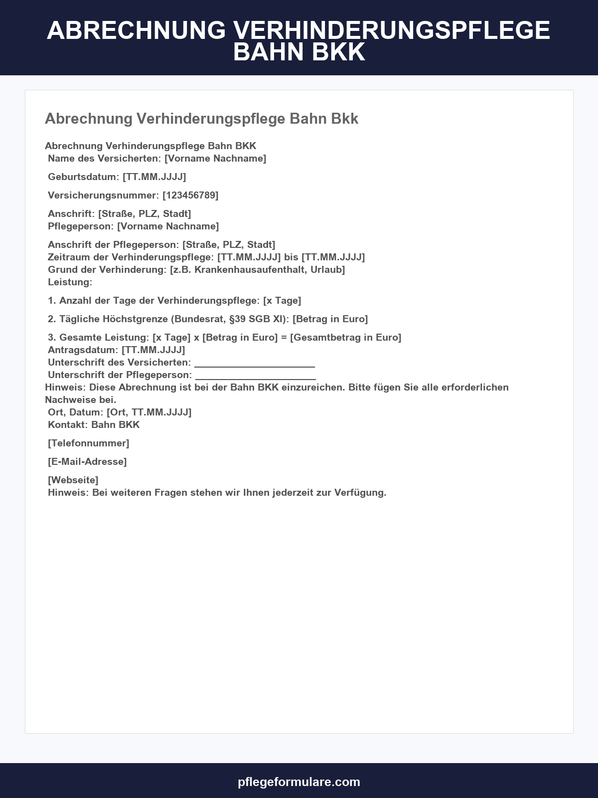 Abrechnung Verhinderungspflege Bahn-Bkk