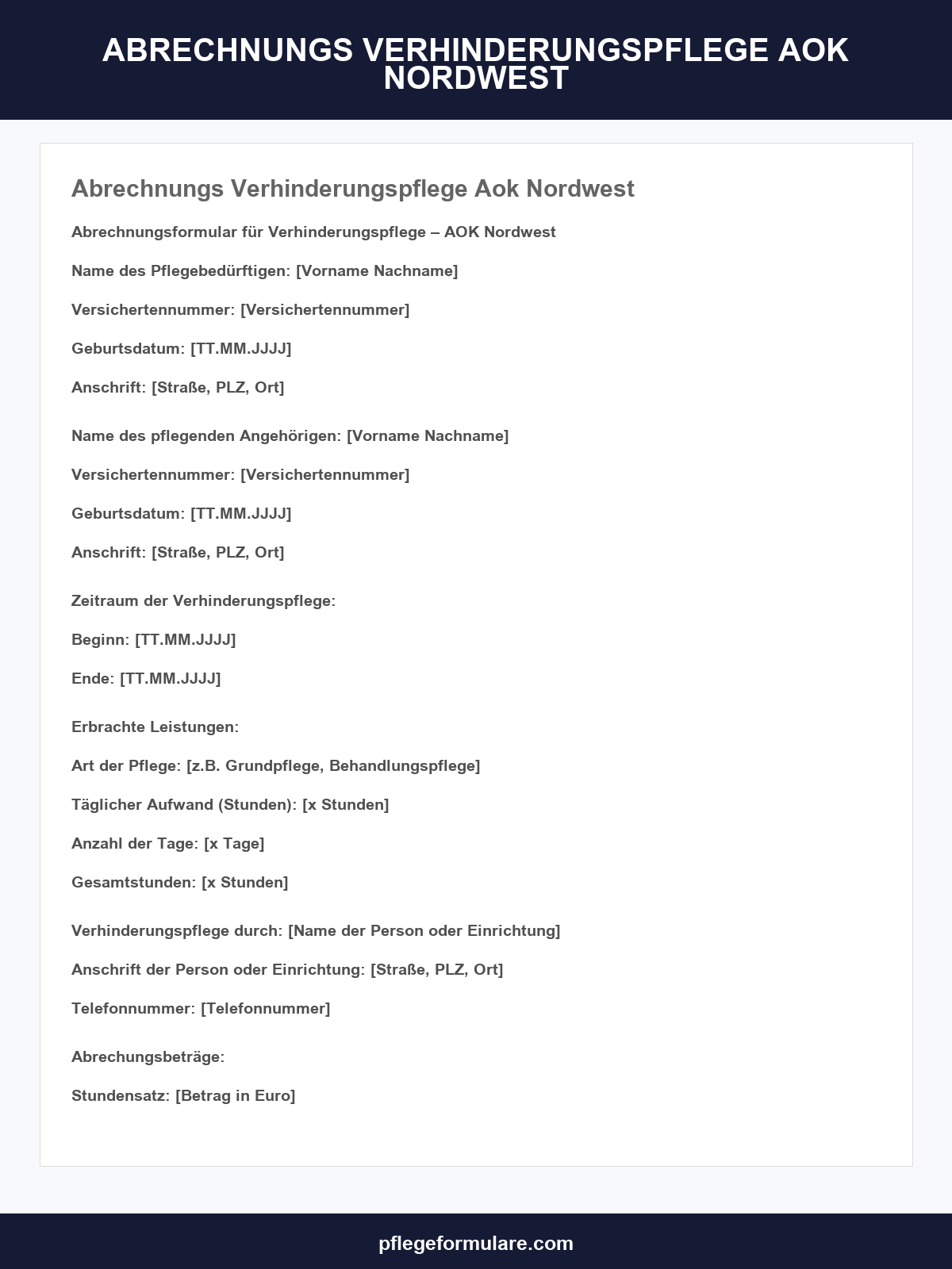 Abrechnungsformular Verhinderungspflege Aok Nordwest