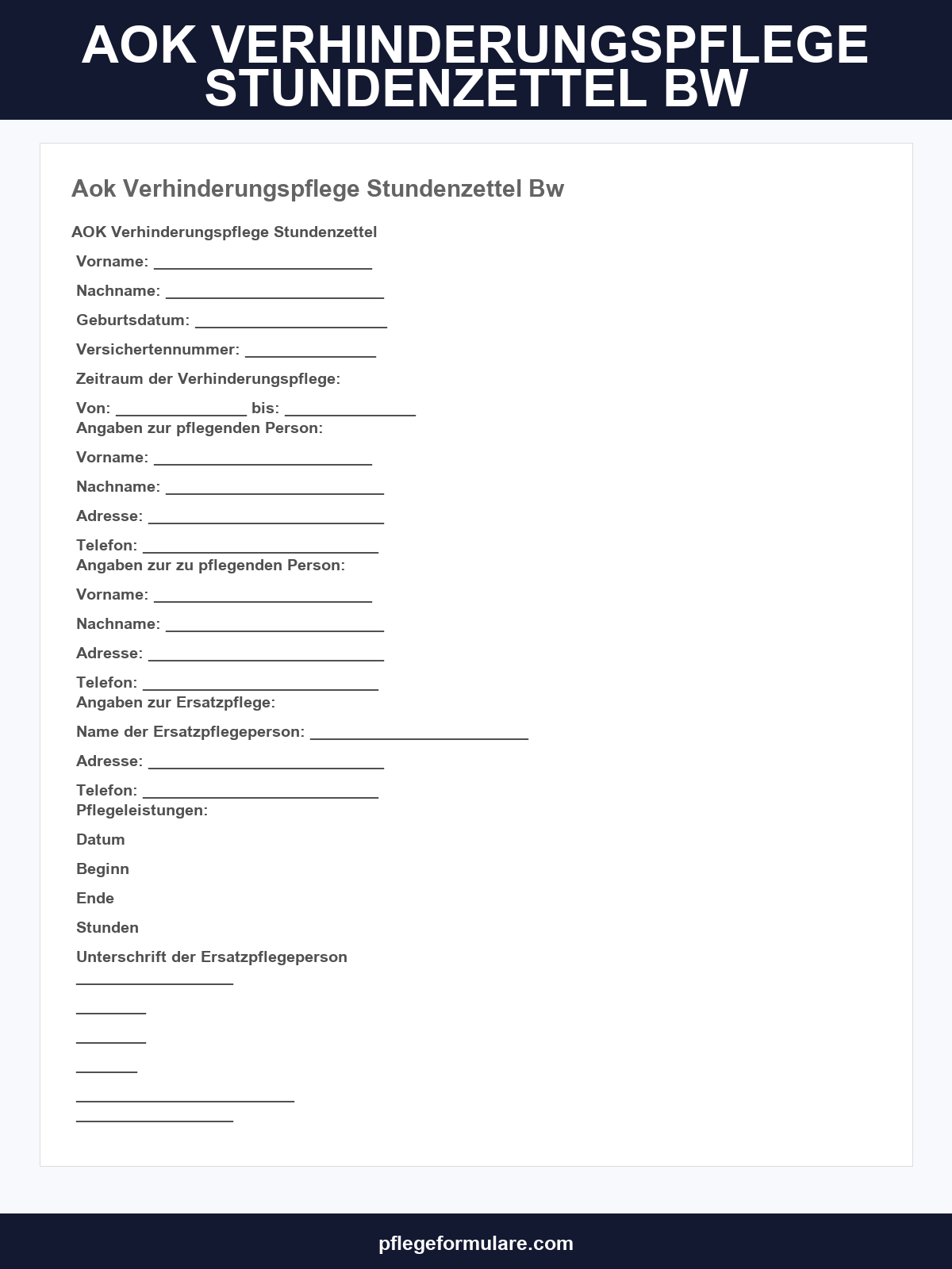 Aok Verhinderungspflege Stundenzettel Bw
