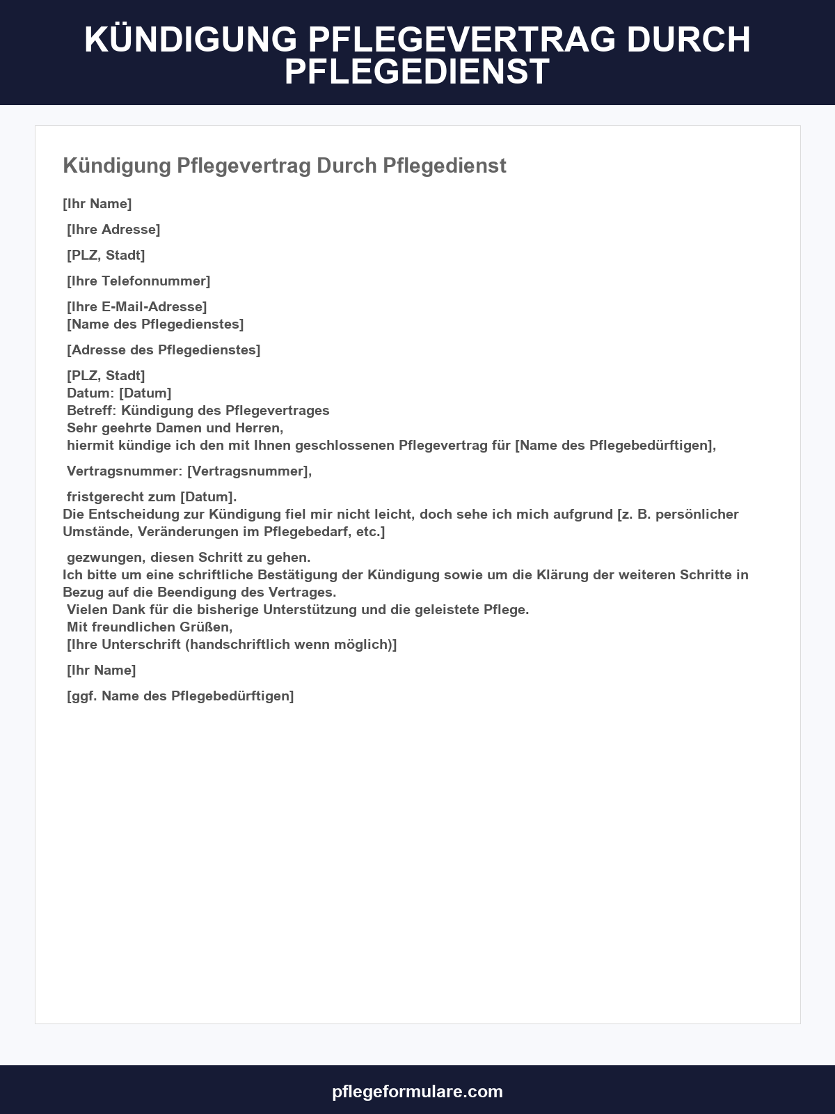 Kündigung Pflegevertrag Durch Pflegedienst Muster